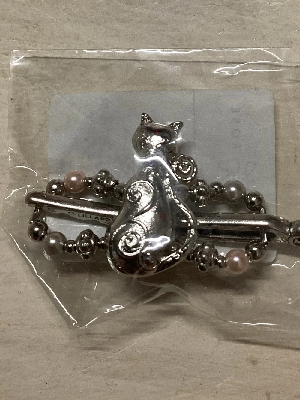 Lila Rose Silver Cat Barrette with Pink and Gray Pearl Accents